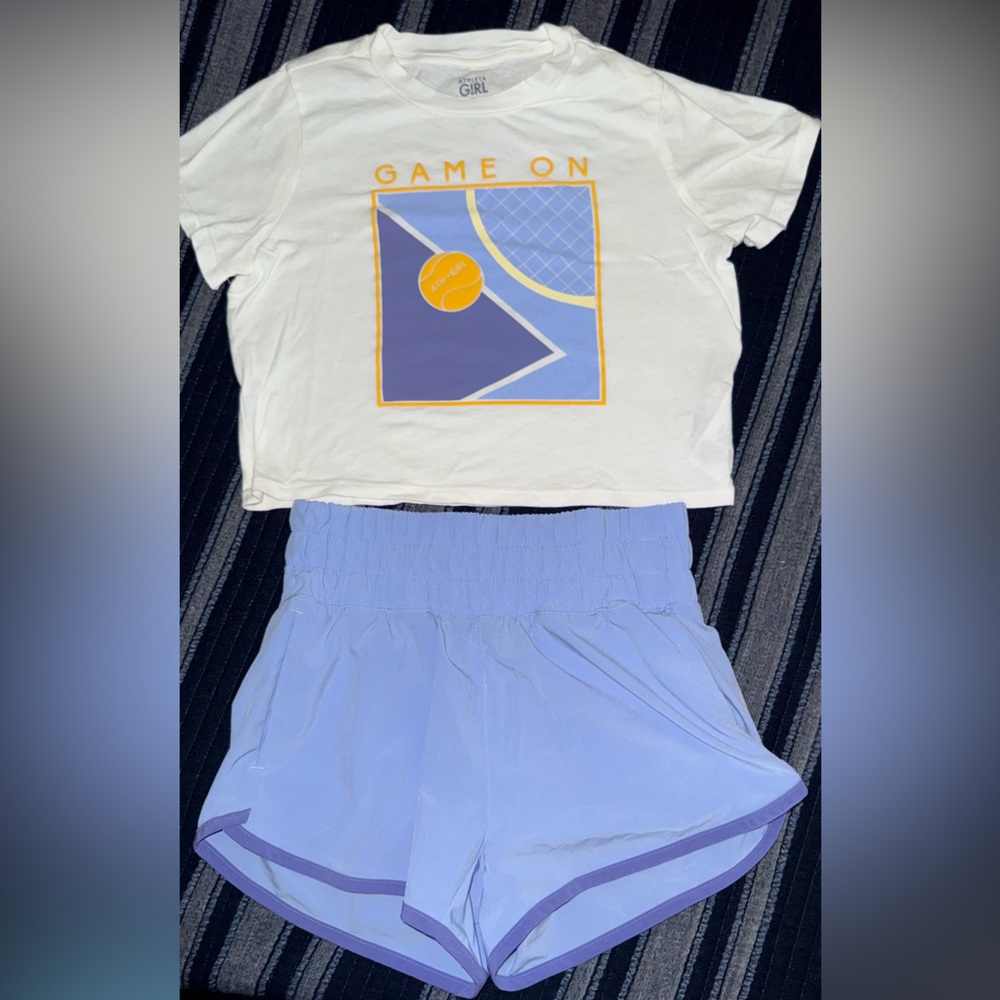 Athleta Girl’s Game on Crop Tee and All Star Light Blue Shorts Set  8-10 Tennis